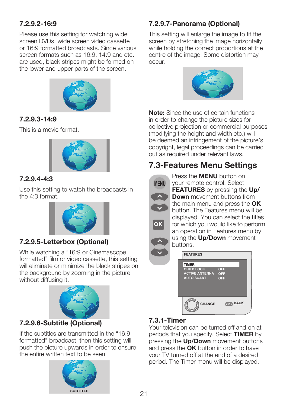 Features menu settings | Beko 42WLU530HID User Manual | Page 23 / 36