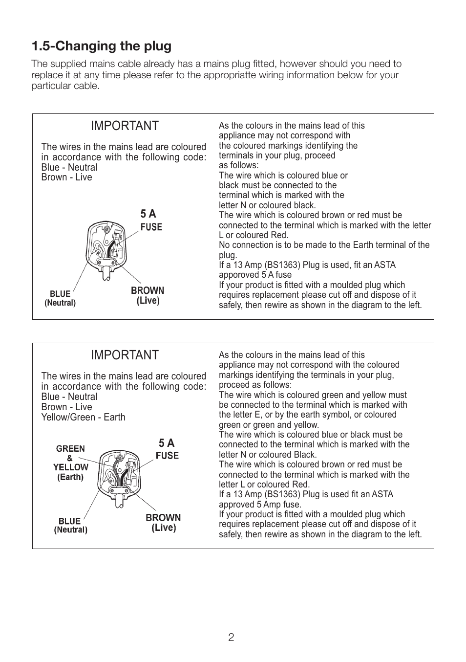 Changing the plug, Important | Beko 42WLU530HID User Manual | Page 4 / 36