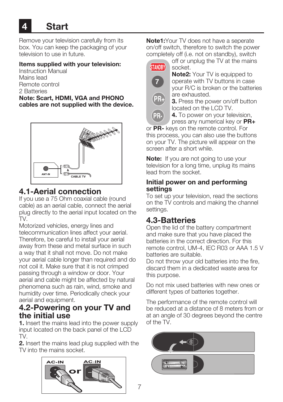 4start, Batteries, Aerial connection | Powering on your tv and the initial use | Beko 42WLU530HID User Manual | Page 9 / 36
