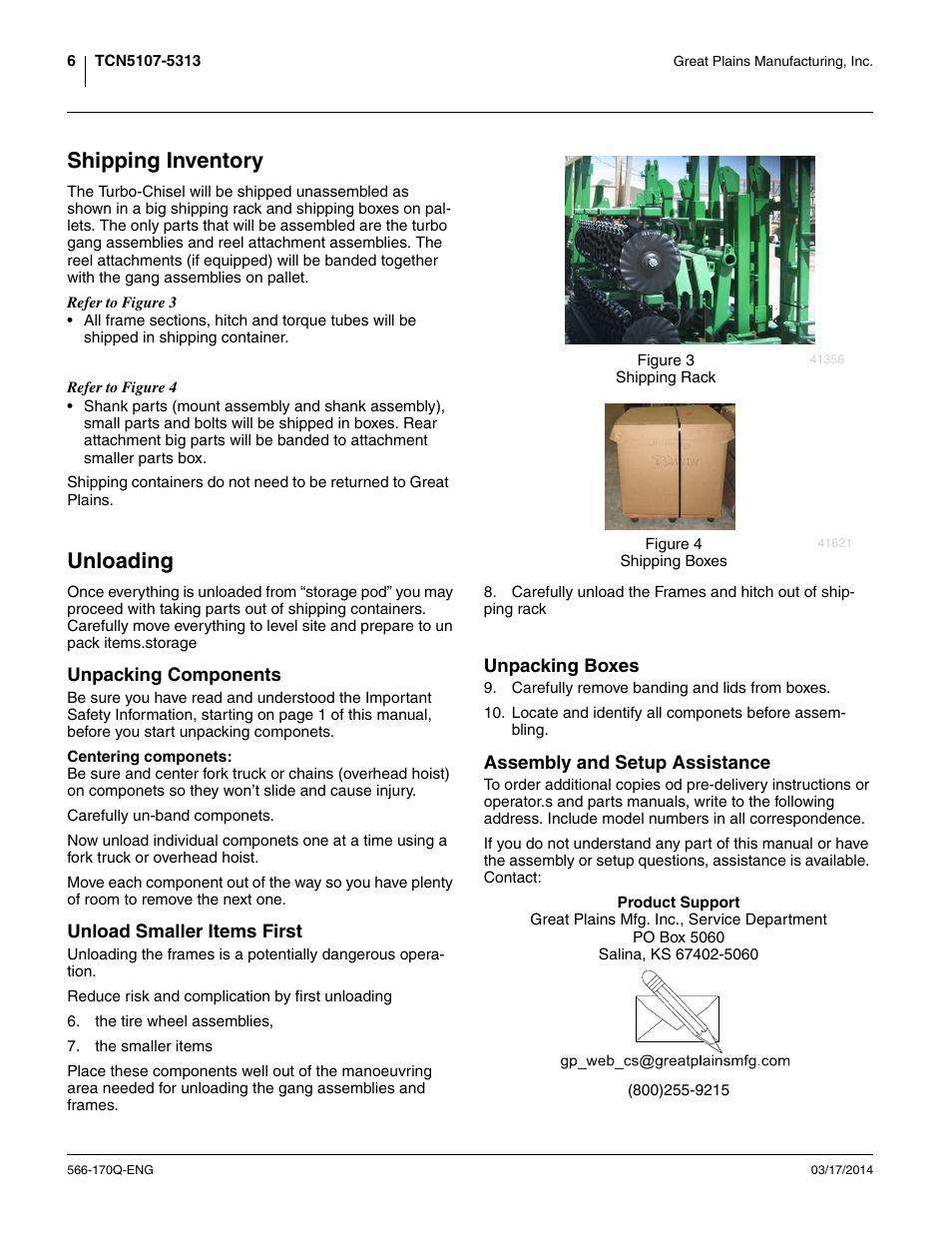 Shipping inventory, Unloading, Unpacking components | Unload smaller items first, Unpacking boxes, Assembly and setup assistance, Shipping inventory unloading | Great Plains TCN5313 Assembly Manual User Manual | Page 10 / 54