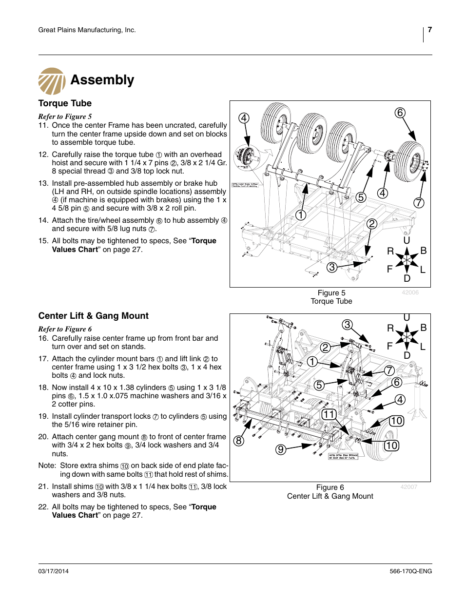 Assembly, Torque tube, Center lift & gang mount | Torque tube center lift & gang mount | Great Plains TCN5313 Assembly Manual User Manual | Page 11 / 54