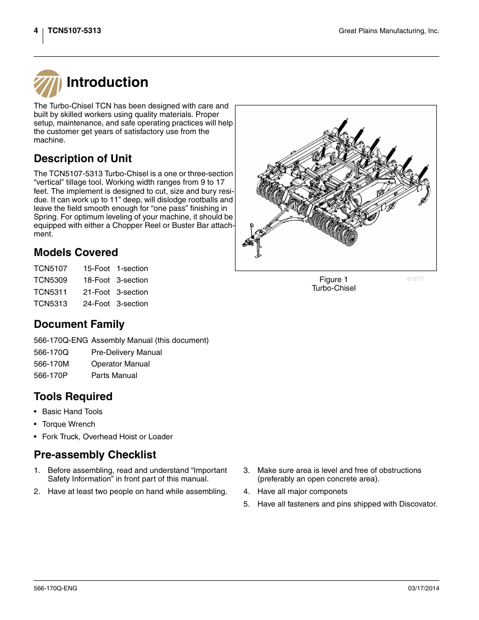 Introduction, Description of unit, Models covered | Document family, Tools required, Pre-assembly checklist, Models covered document family tools required | Great Plains TCN5313 Assembly Manual User Manual | Page 8 / 54