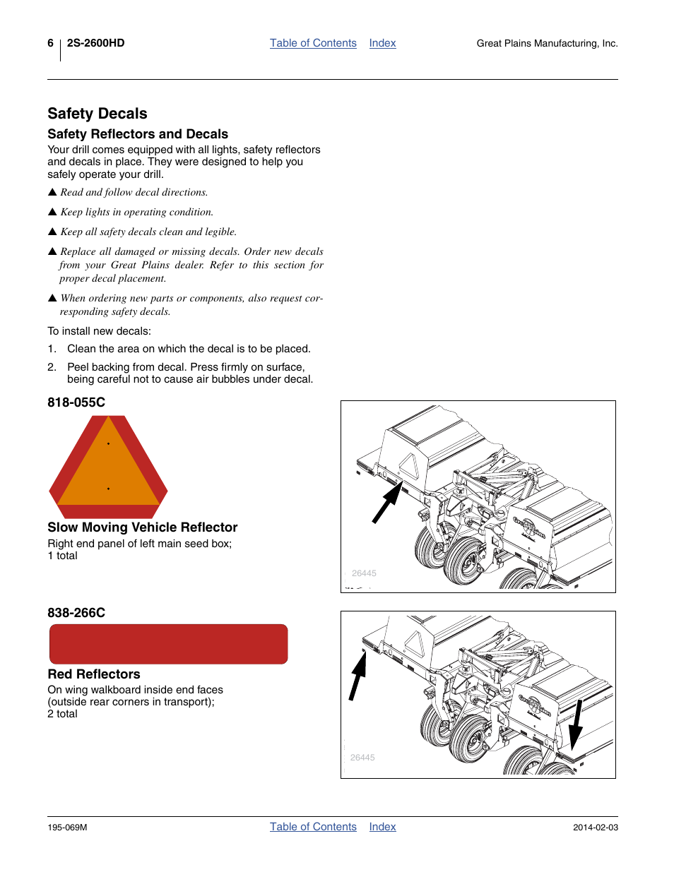 Safety decals, Safety reflectors and decals, 055c slow moving vehicle reflector | 266c red reflectors | Great Plains 2S-2600HDF Operator Manual v2 User Manual | Page 10 / 126