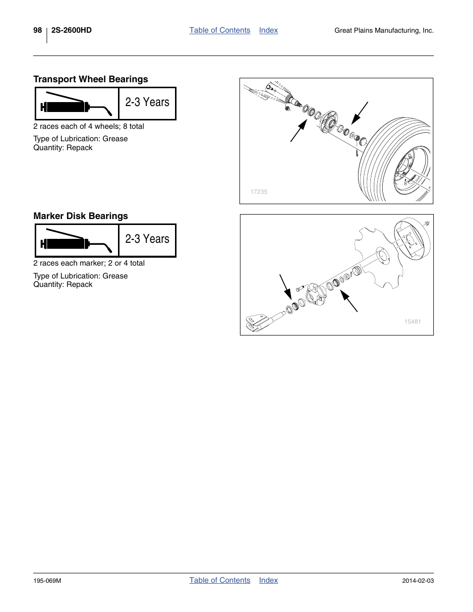 Transport wheel bearings, Marker disk bearings, 3 years | Great Plains 2S-2600HDF Operator Manual v2 User Manual | Page 102 / 126