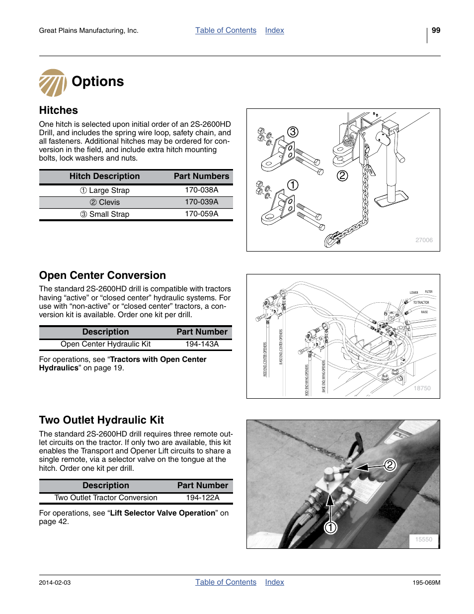 Options, Hitches, Open center conversion | Two outlet hydraulic kit, Hitch description part numbers, Description part number | Great Plains 2S-2600HDF Operator Manual v2 User Manual | Page 103 / 126