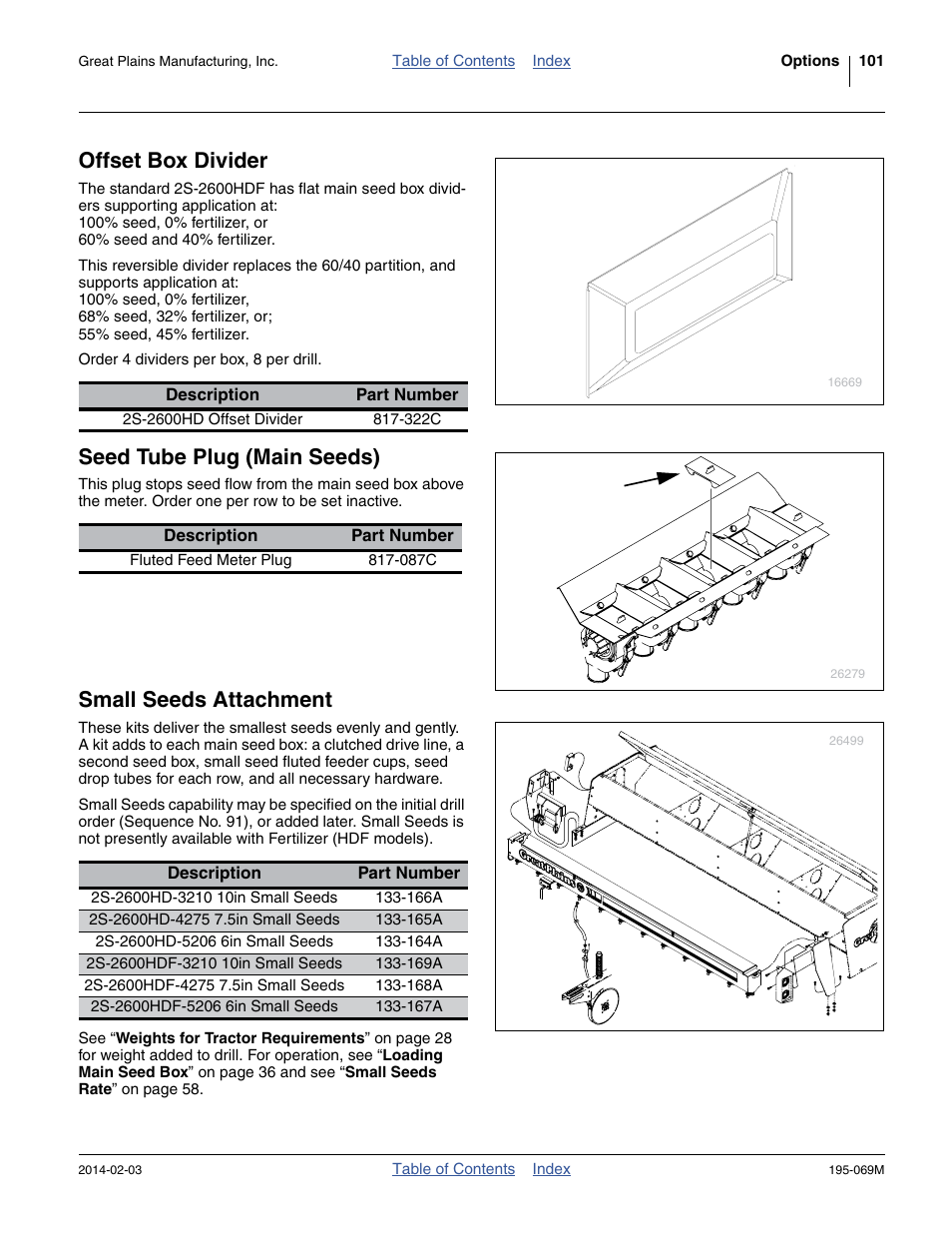 Offset box divider, Seed tube plug (main seeds), Small seeds attachment | Great Plains 2S-2600HDF Operator Manual v2 User Manual | Page 105 / 126