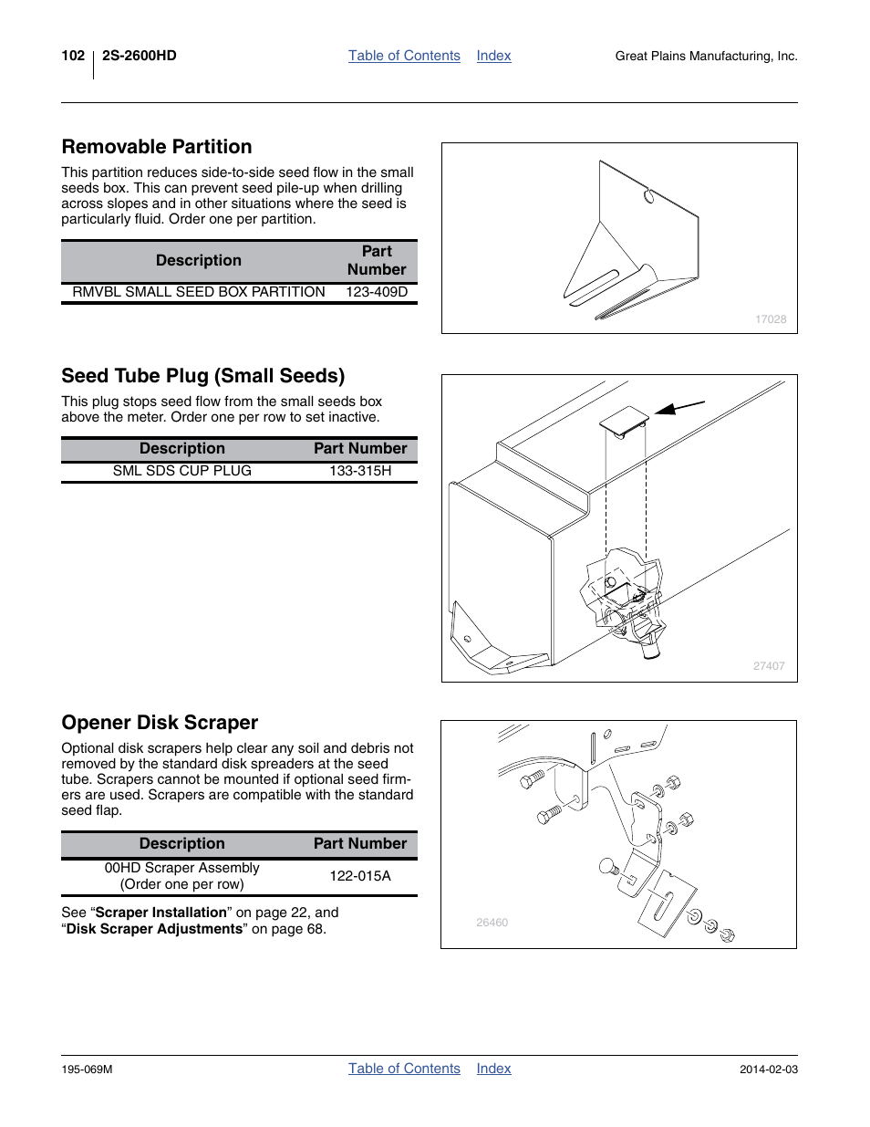 Removable partition, Seed tube plug (small seeds), Opener disk scraper | Great Plains 2S-2600HDF Operator Manual v2 User Manual | Page 106 / 126