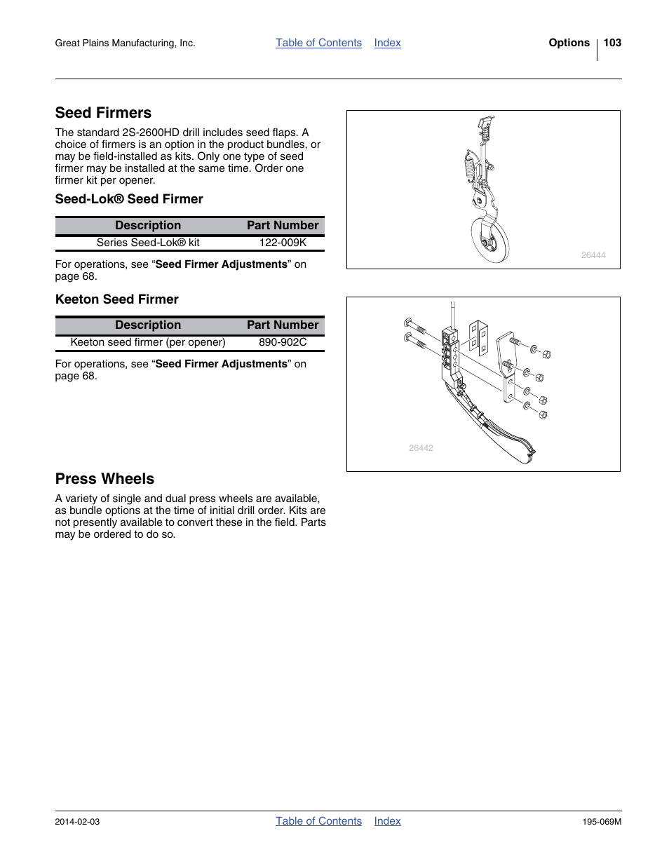 Seed-lok® seed firmer, Keeton seed firmer, Seed firmers | Press wheels | Great Plains 2S-2600HDF Operator Manual v2 User Manual | Page 107 / 126