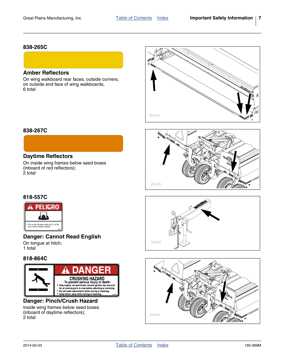 265c amber reflectors, 267c daytime reflectors, 557c danger: cannot read english | 864c danger: pinch/crush hazard | Great Plains 2S-2600HDF Operator Manual v2 User Manual | Page 11 / 126
