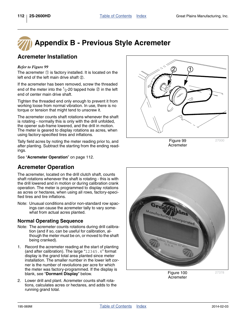 Appendix b - previous style acremeter, Acremeter installation, Acremeter operation | Normal operating sequence | Great Plains 2S-2600HDF Operator Manual v2 User Manual | Page 116 / 126