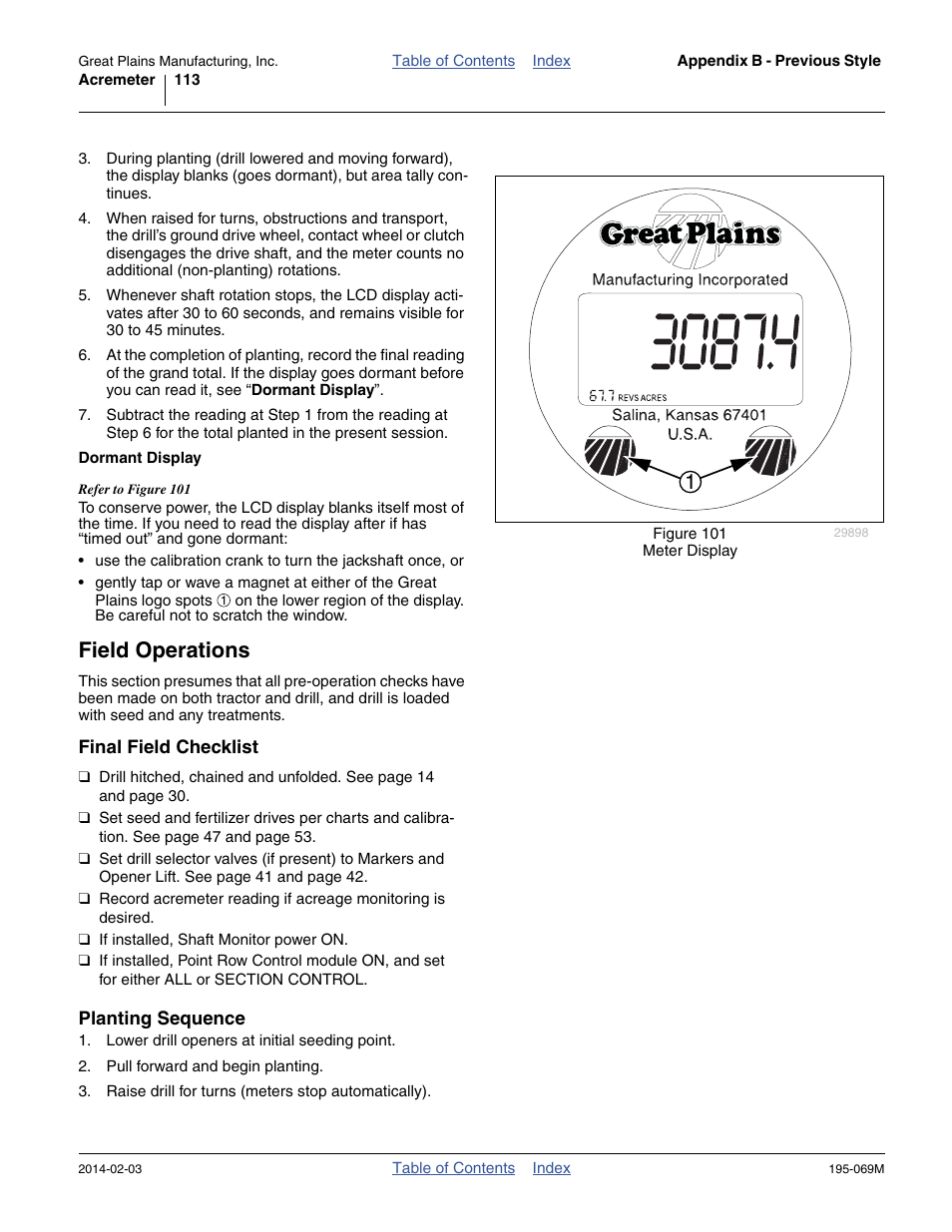 Dormant display, Field operations, Final field checklist | Planting sequence, Lank, see “ dormant display ” belo | Great Plains 2S-2600HDF Operator Manual v2 User Manual | Page 117 / 126