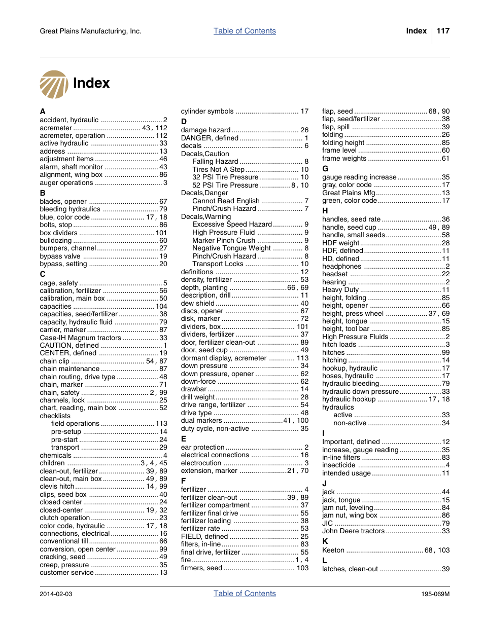 Index | Great Plains 2S-2600HDF Operator Manual v2 User Manual | Page 121 / 126