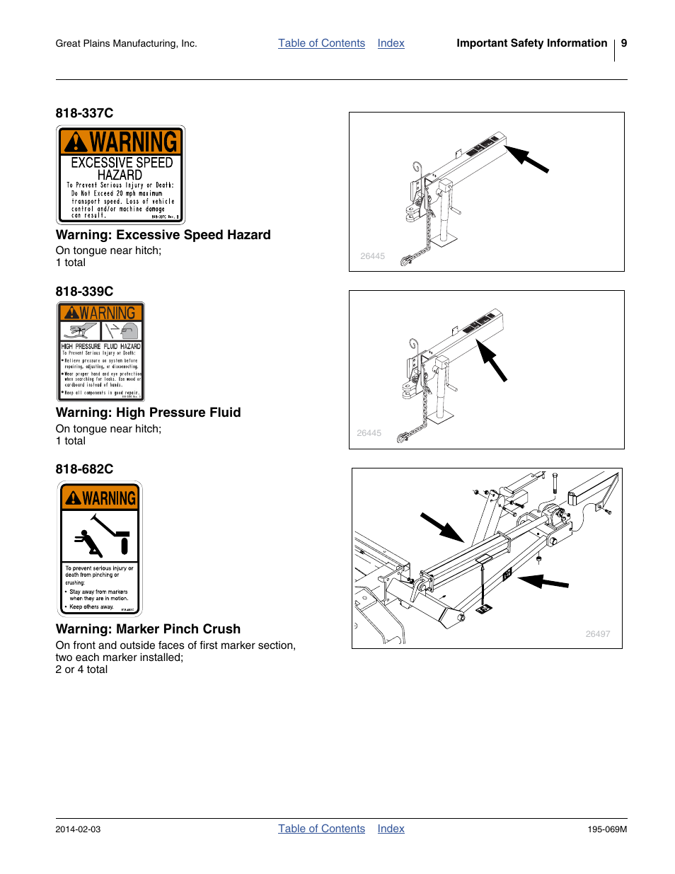 337c warning: excessive speed hazard, 339c warning: high pressure fluid, 682c warning: marker pinch crush | Great Plains 2S-2600HDF Operator Manual v2 User Manual | Page 13 / 126