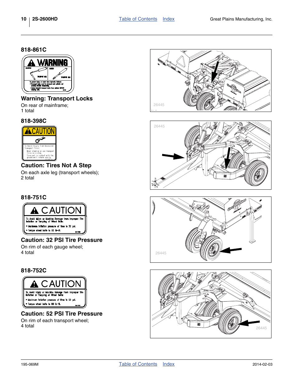 861c warning: transport locks, 398c caution: tires not a step, 751c caution: 32 psi tire pressure | 752c caution: 52 psi tire pressure | Great Plains 2S-2600HDF Operator Manual v2 User Manual | Page 14 / 126