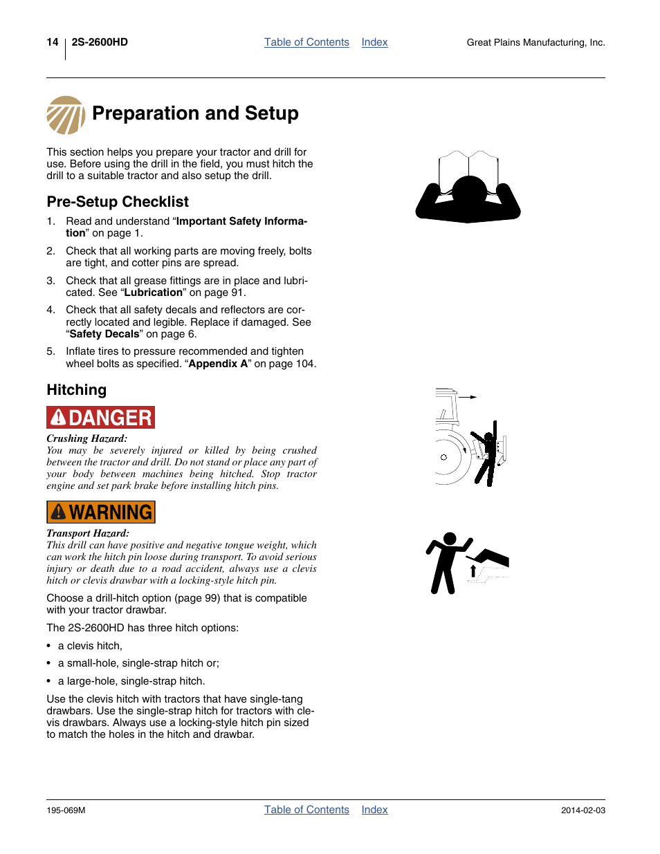 Preparation and setup, Pre-setup checklist, Hitching | Preparation and setup pre-setup checklist hitching | Great Plains 2S-2600HDF Operator Manual v2 User Manual | Page 18 / 126