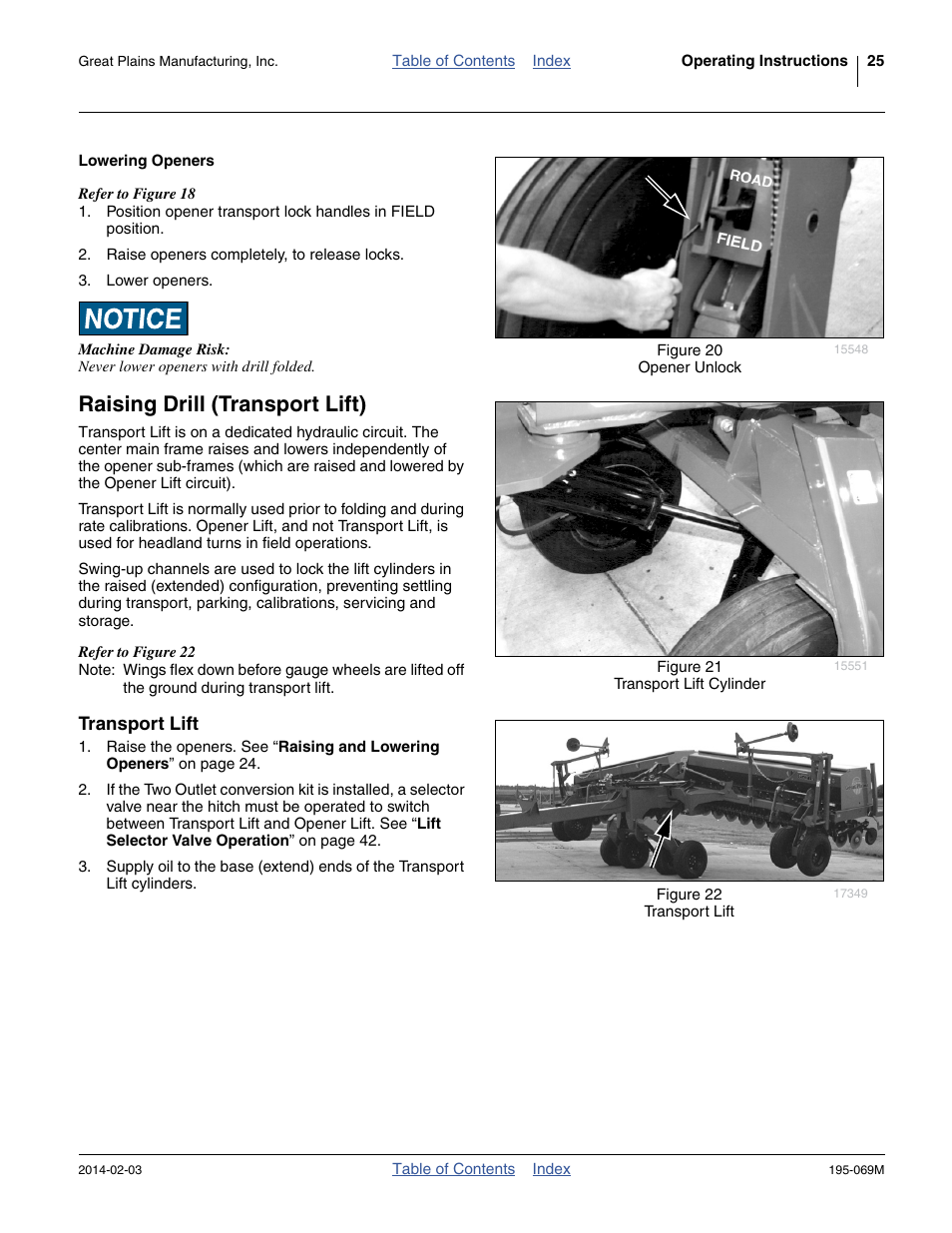 Lowering openers, Raising drill (transport lift), Transport lift | Great Plains 2S-2600HDF Operator Manual v2 User Manual | Page 29 / 126