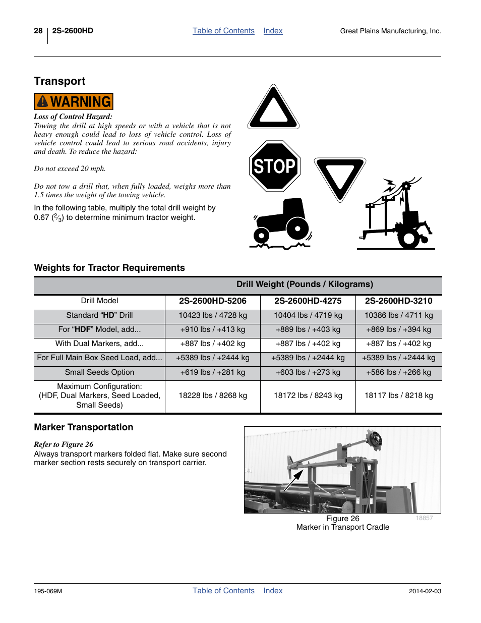 Transport, Weights for tractor requirements, Marker transportation | Great Plains 2S-2600HDF Operator Manual v2 User Manual | Page 32 / 126