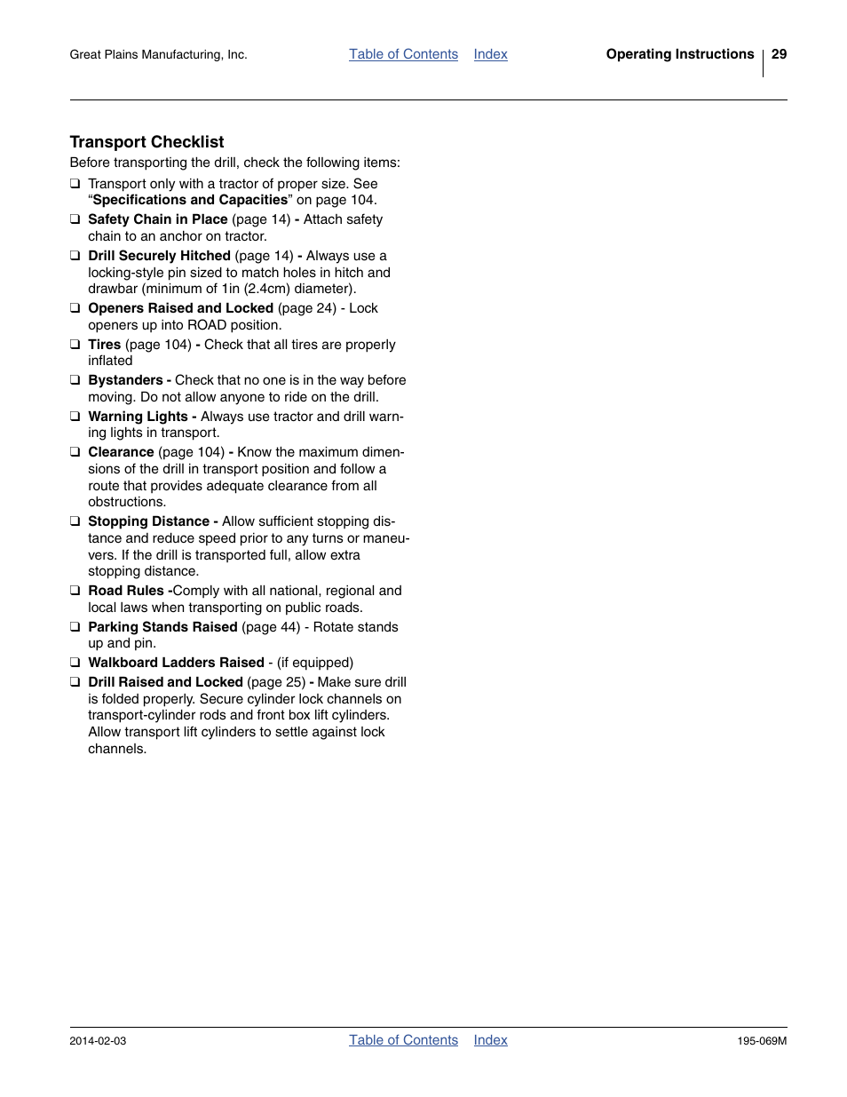 Transport checklist | Great Plains 2S-2600HDF Operator Manual v2 User Manual | Page 33 / 126