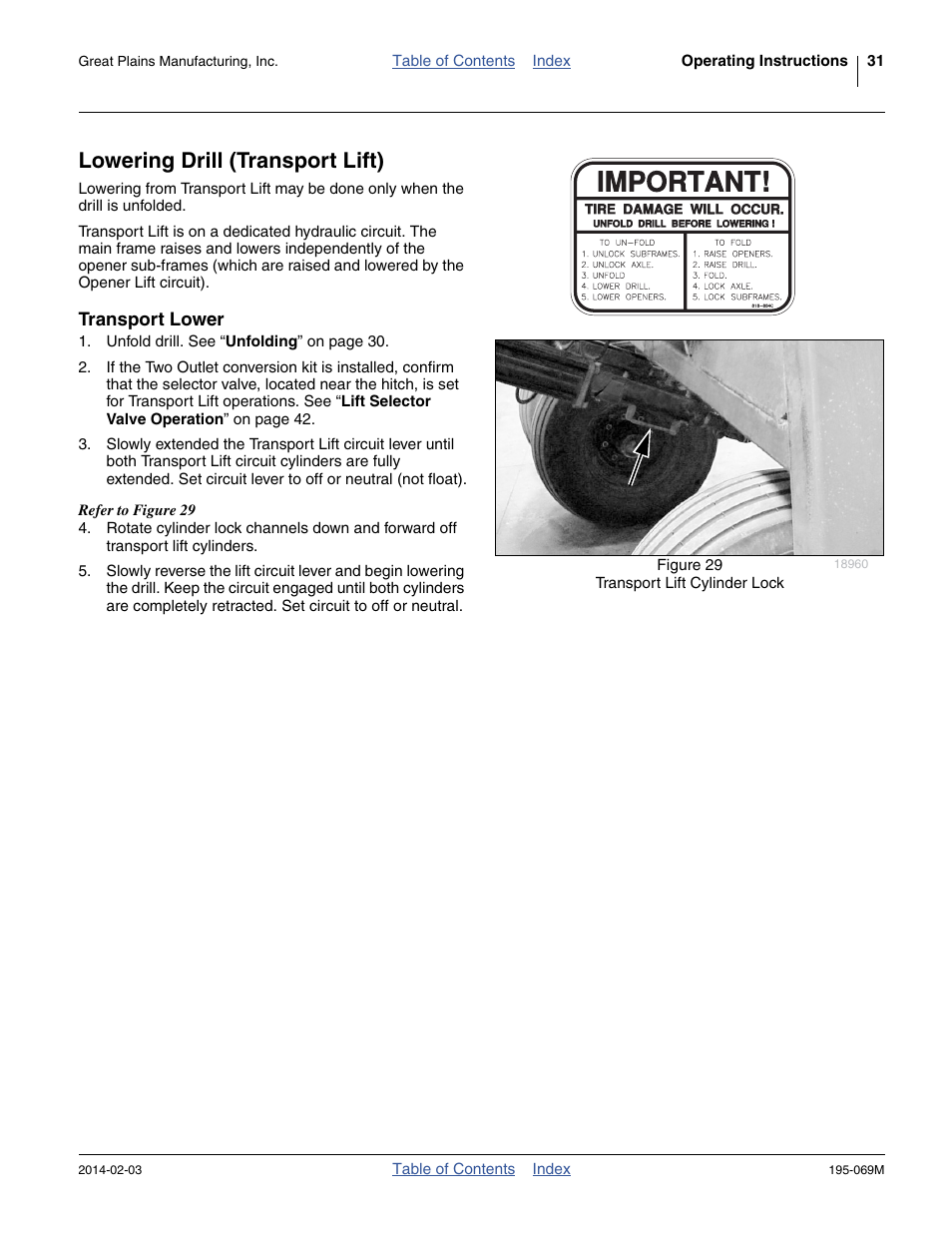 Lowering drill (transport lift), Transport lower | Great Plains 2S-2600HDF Operator Manual v2 User Manual | Page 35 / 126