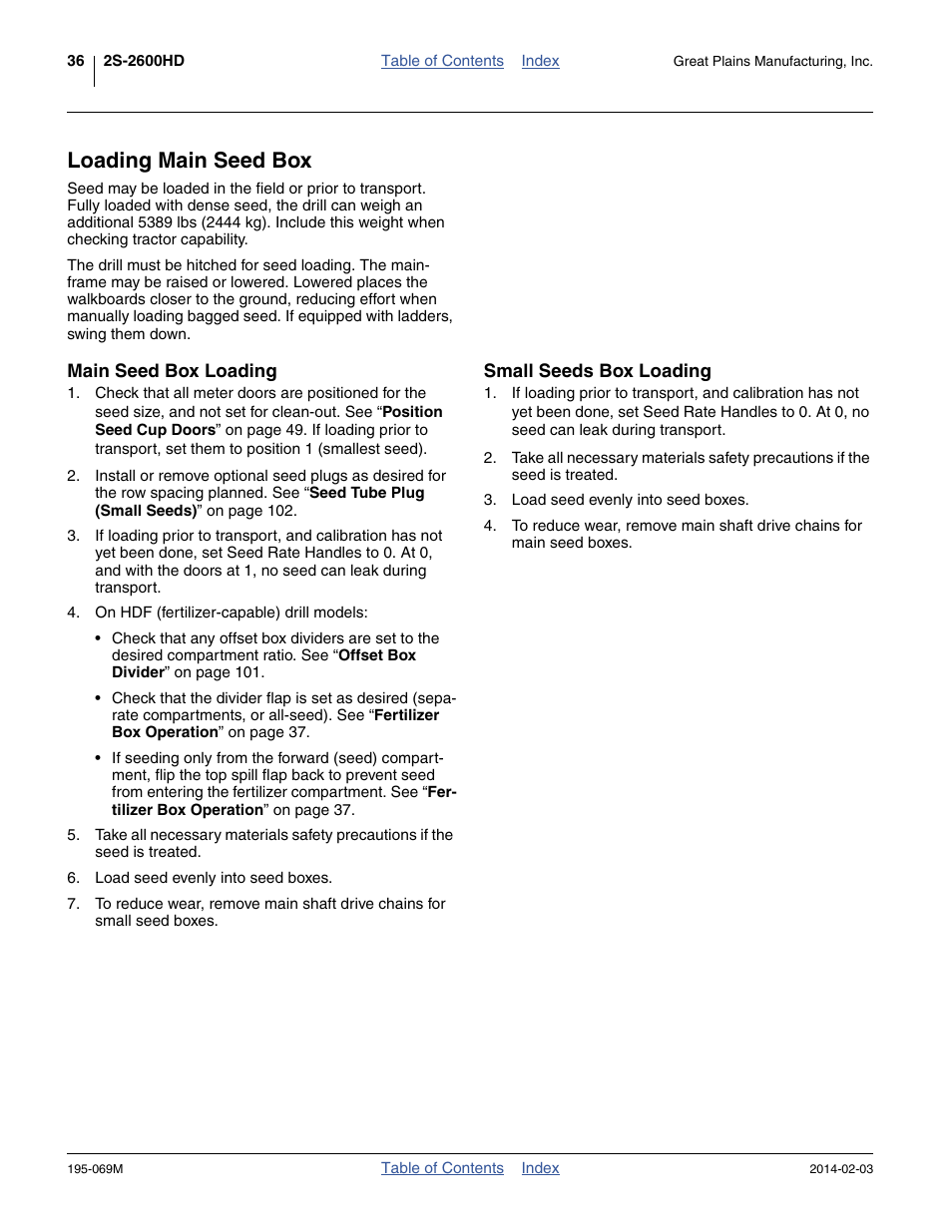 Loading main seed box, Main seed box loading, Small seeds box loading | Main seed box loading small seeds box loading | Great Plains 2S-2600HDF Operator Manual v2 User Manual | Page 40 / 126