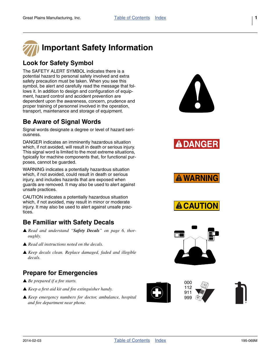 Important safety information, Look for safety symbol, Be aware of signal words | Be familiar with safety decals, Prepare for emergencies | Great Plains 2S-2600HDF Operator Manual v2 User Manual | Page 5 / 126