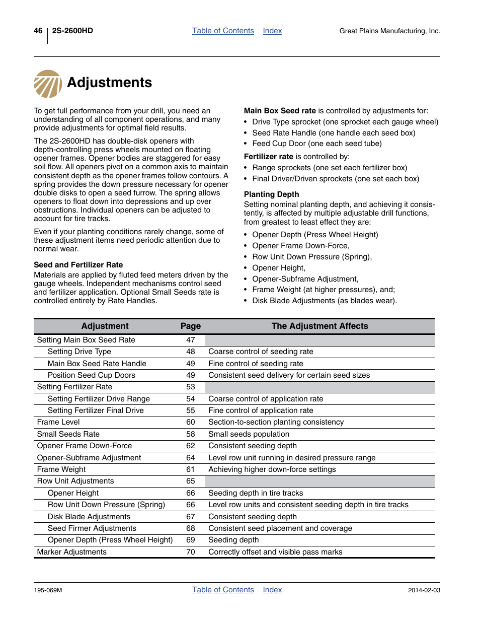 Adjustments, Seed and fertilizer rate, Planting depth | Seed and fertilizer rate planting depth | Great Plains 2S-2600HDF Operator Manual v2 User Manual | Page 50 / 126