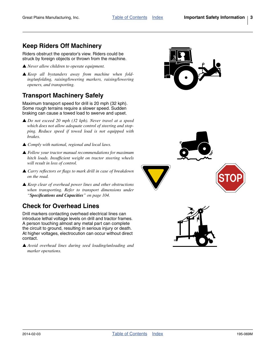 Keep riders off machinery, Transport machinery safely, Check for overhead lines | Great Plains 2S-2600HDF Operator Manual v2 User Manual | Page 7 / 126
