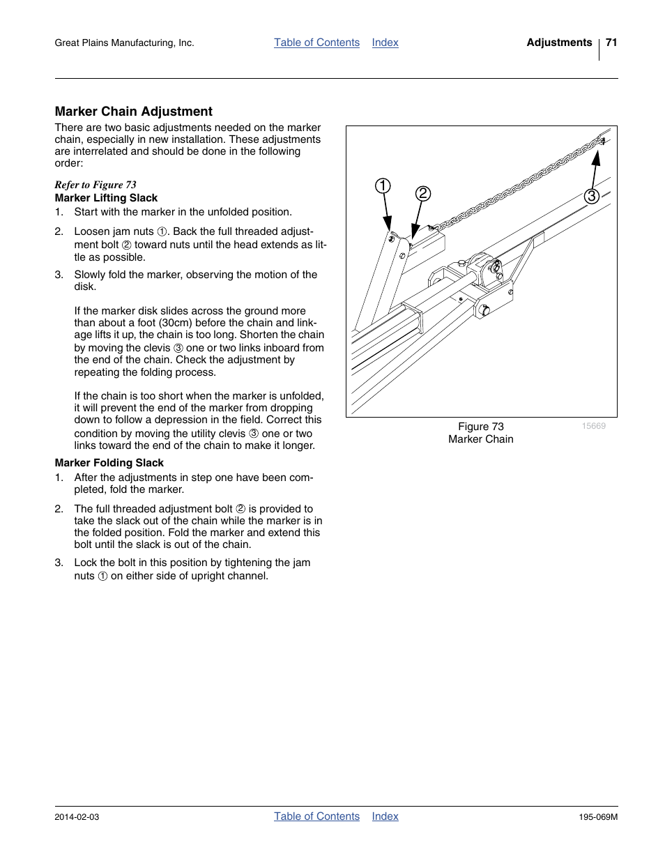 Marker chain adjustment, Marker lifting slack, Marker folding slack | Marker lifting slack marker folding slack | Great Plains 2S-2600HDF Operator Manual v2 User Manual | Page 75 / 126
