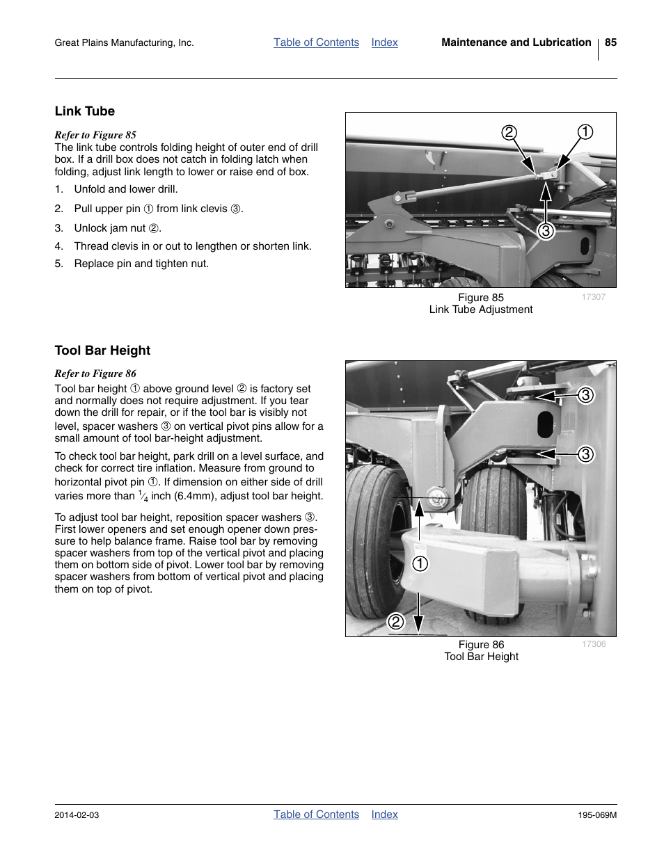 Link tube, Tool bar height, Link tube tool bar height | Great Plains 2S-2600HDF Operator Manual v2 User Manual | Page 89 / 126