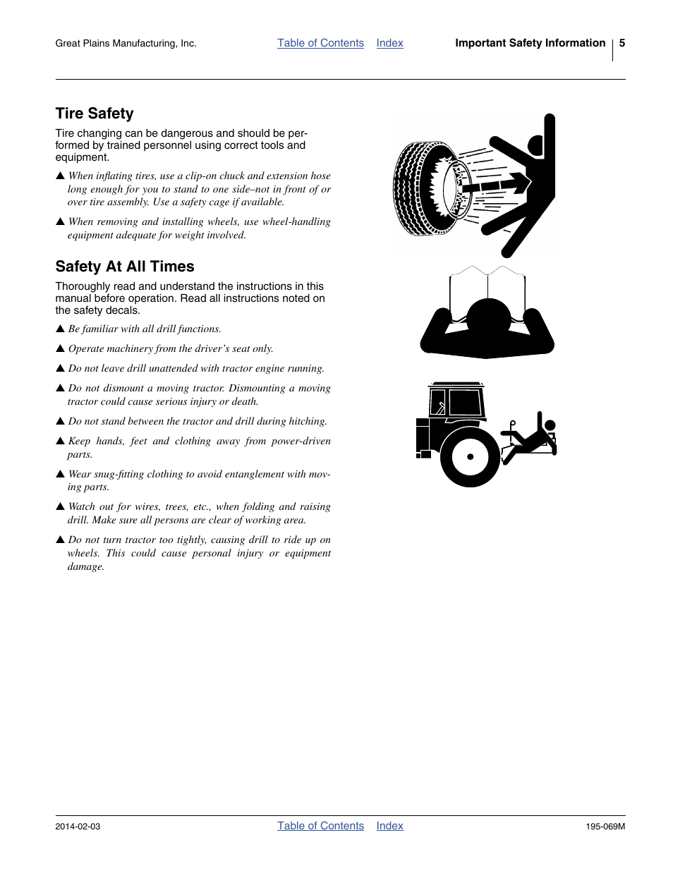 Tire safety, Safety at all times | Great Plains 2S-2600HDF Operator Manual v2 User Manual | Page 9 / 126