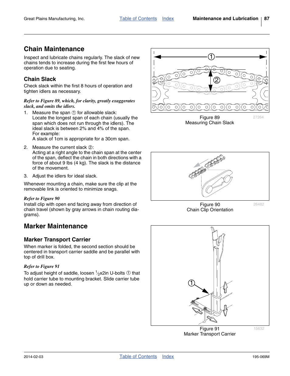 Chain maintenance, Chain slack, Marker maintenance | Marker transport carrier | Great Plains 2S-2600HDF Operator Manual v2 User Manual | Page 91 / 126