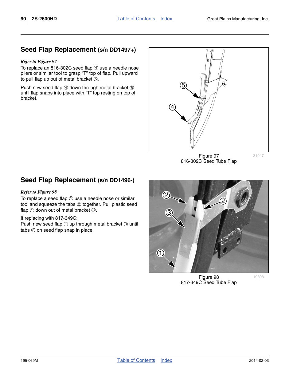 Seed flap replacement (s/n dd1497+), Seed flap replacement (s/n dd1496-), Seed flap replacement | Great Plains 2S-2600HDF Operator Manual v2 User Manual | Page 94 / 126