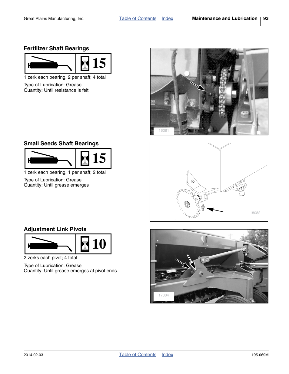 Fertilizer shaft bearings, Small seeds shaft bearings, Adjustment link pivots | Great Plains 2S-2600HDF Operator Manual v2 User Manual | Page 97 / 126