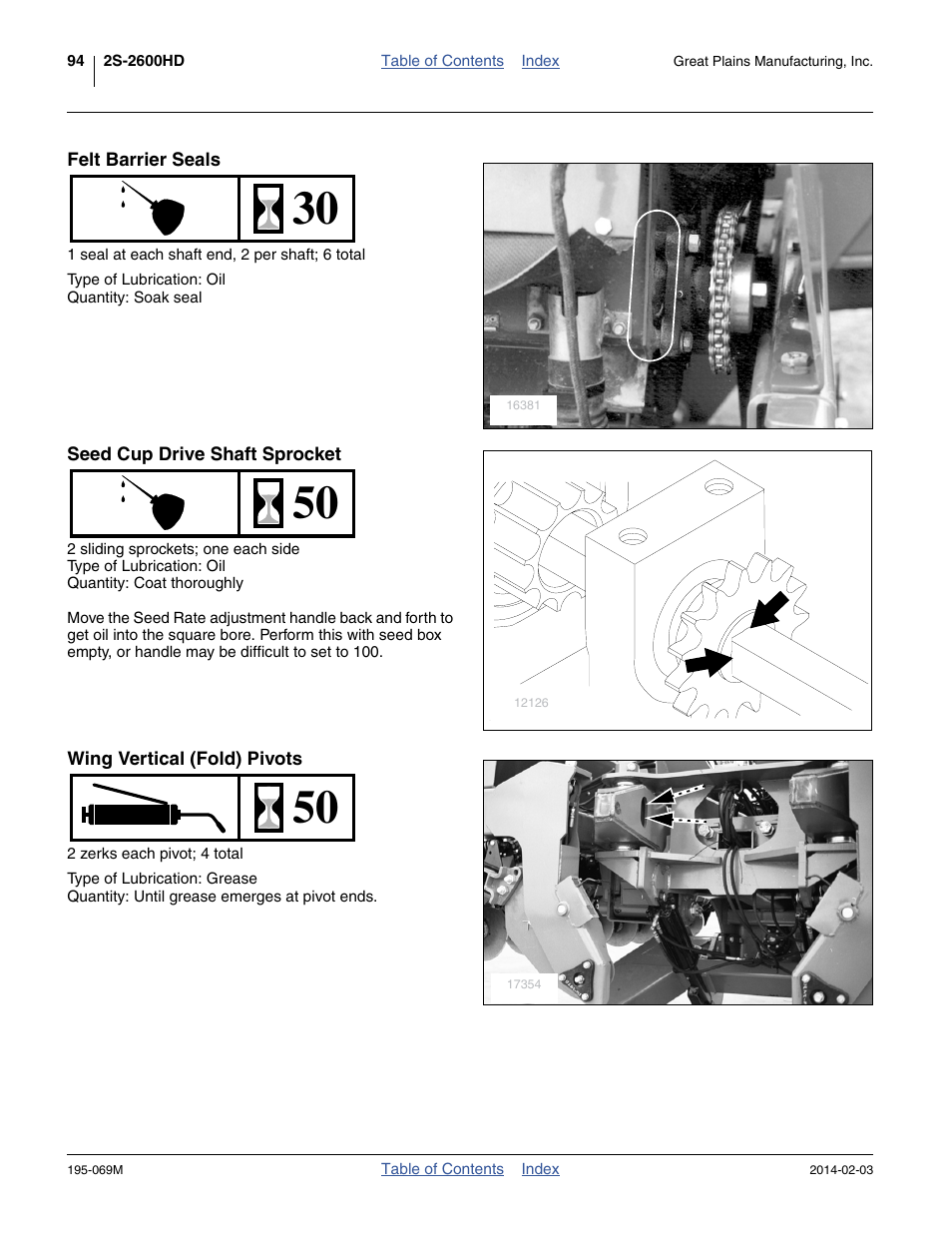 Felt barrier seals, Seed cup drive shaft sprocket, Wing vertical (fold) pivots | Great Plains 2S-2600HDF Operator Manual v2 User Manual | Page 98 / 126