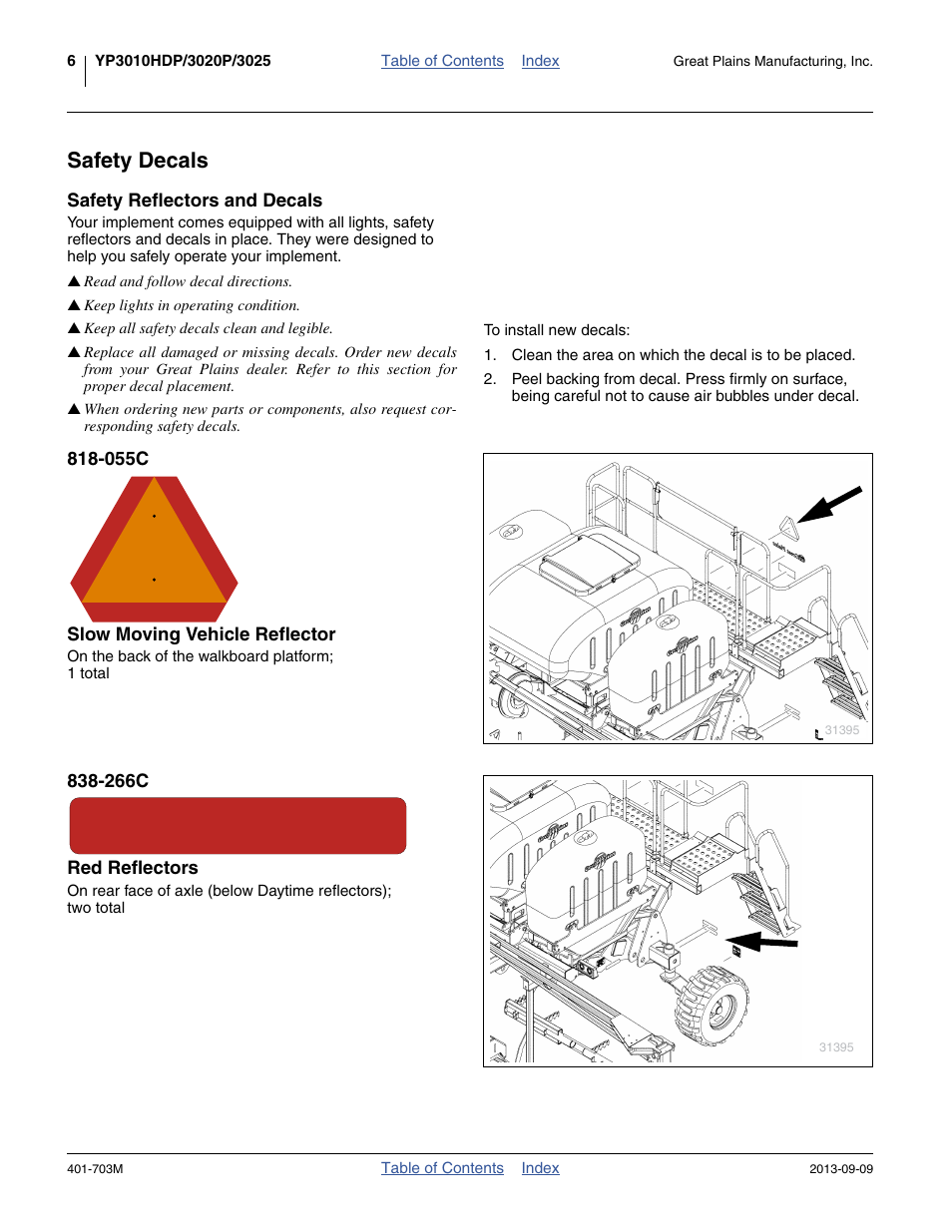 Safety decals, Safety reflectors and decals, 055c slow moving vehicle reflector | 266c red reflectors | Great Plains YP3025 Operator Manual User Manual | Page 10 / 192