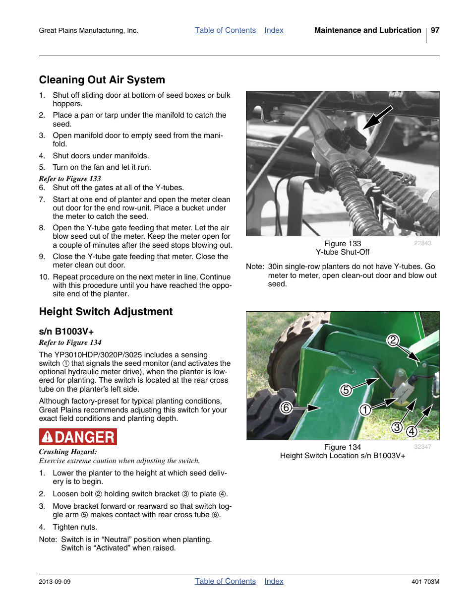 Cleaning out air system, Height switch adjustment, S/n b1003v | Cleaning out air system height switch adjustment | Great Plains YP3025 Operator Manual User Manual | Page 101 / 192
