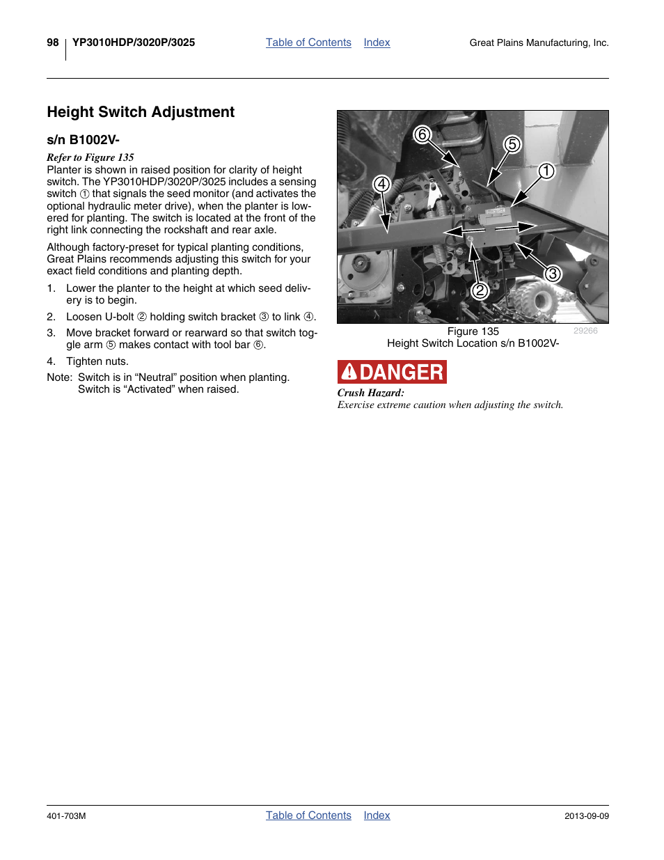 Height switch adjustment, S/n b1002v | Great Plains YP3025 Operator Manual User Manual | Page 102 / 192