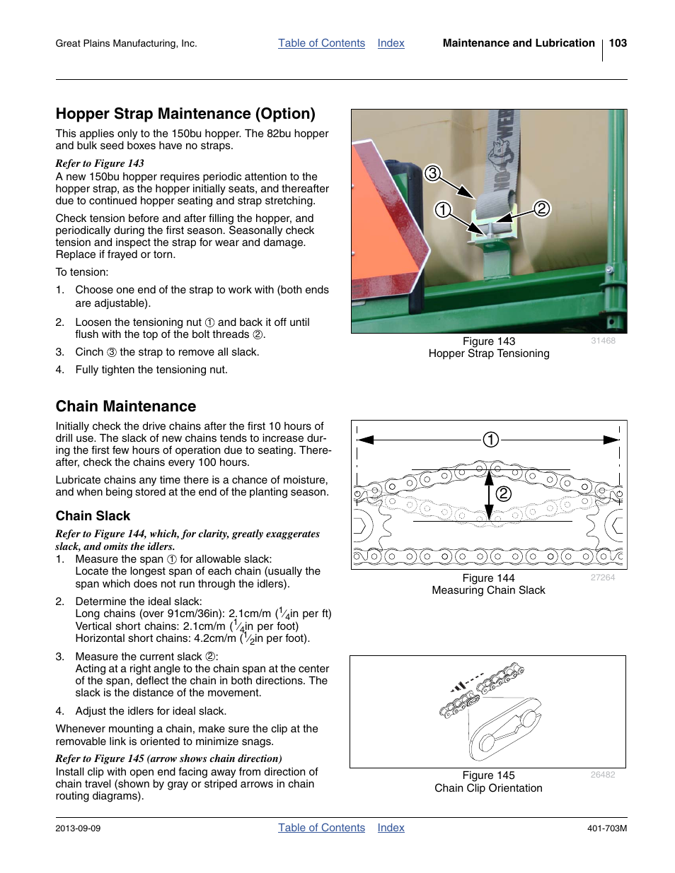 Hopper strap maintenance (option), Chain maintenance, Chain slack | Great Plains YP3025 Operator Manual User Manual | Page 107 / 192