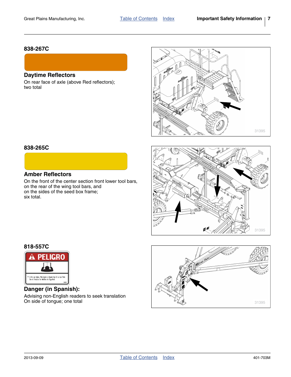 267c daytime reflectors, 265c amber reflectors, 557c danger (in spanish) | Great Plains YP3025 Operator Manual User Manual | Page 11 / 192