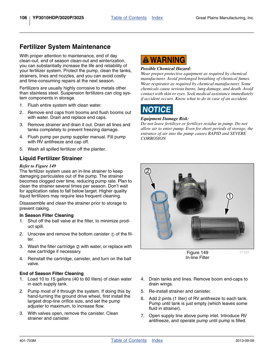 Fertilizer system maintenance, Liquid fertilizer strainer, In season filter cleaning | End of season filter cleaning | Great Plains YP3025 Operator Manual User Manual | Page 110 / 192