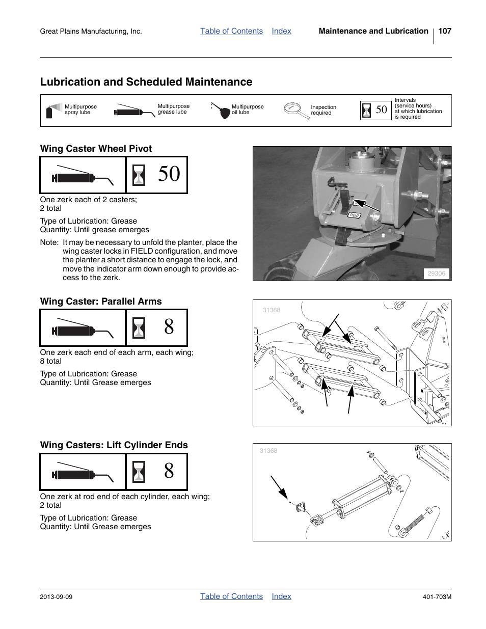 Lubrication and scheduled maintenance, Wing caster wheel pivot, Wing caster: parallel arms | Wing casters: lift cylinder ends, Icate planter as indicated under “ lubrication | Great Plains YP3025 Operator Manual User Manual | Page 111 / 192
