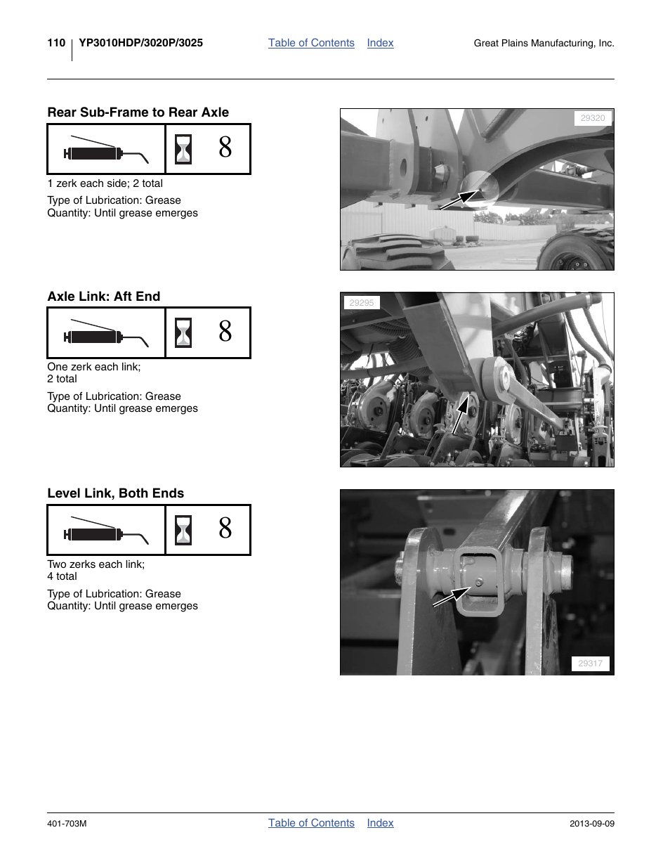Rear sub-frame to rear axle, Axle link: aft end, Level link, both ends | Great Plains YP3025 Operator Manual User Manual | Page 114 / 192