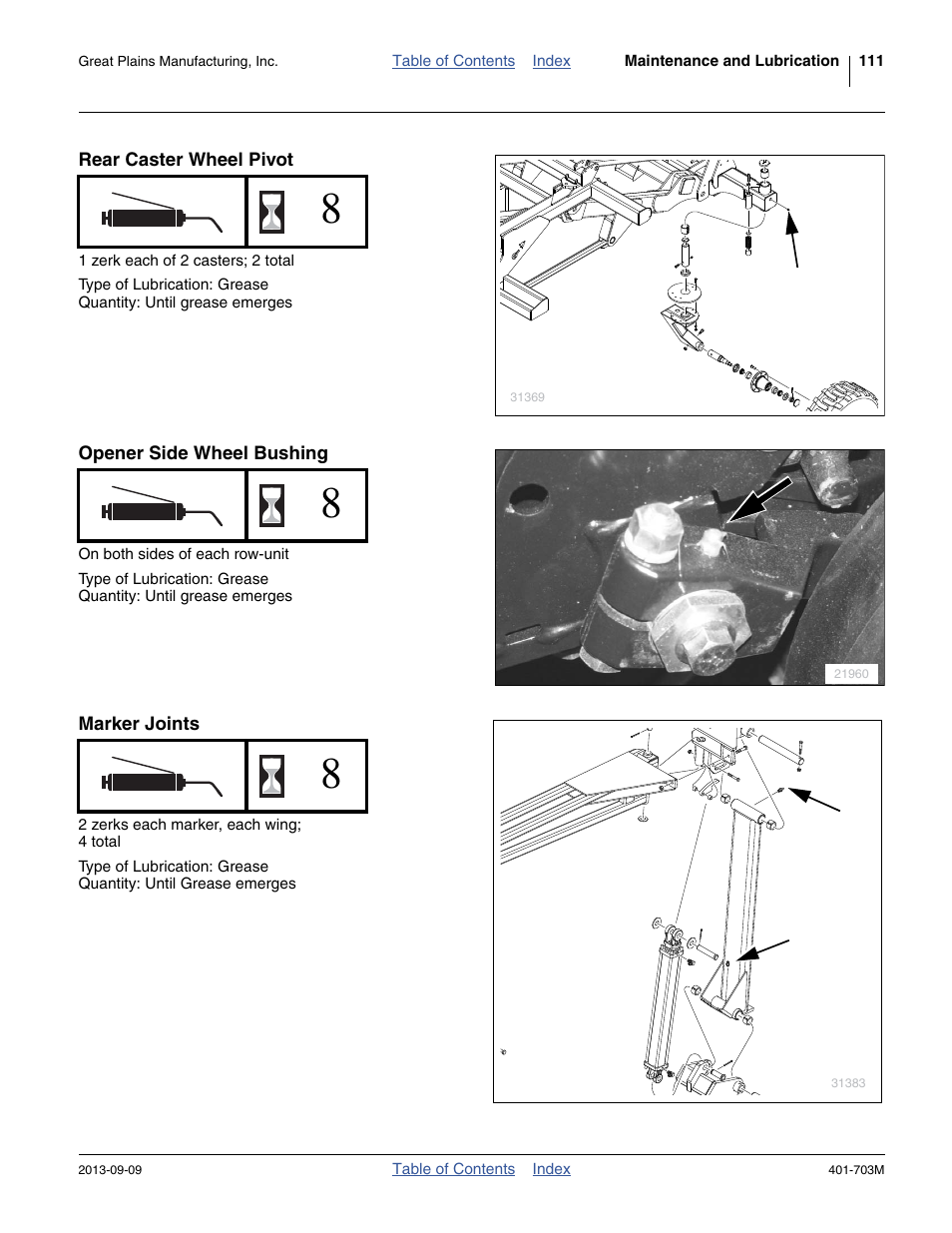 Rear caster wheel pivot, Opener side wheel bushing, Marker joints | Great Plains YP3025 Operator Manual User Manual | Page 115 / 192