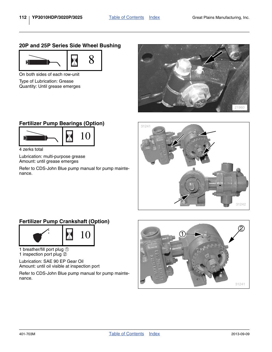20p and 25p series side wheel bushing, Fertilizer pump bearings (option), Fertilizer pump crankshaft (option) | Great Plains YP3025 Operator Manual User Manual | Page 116 / 192