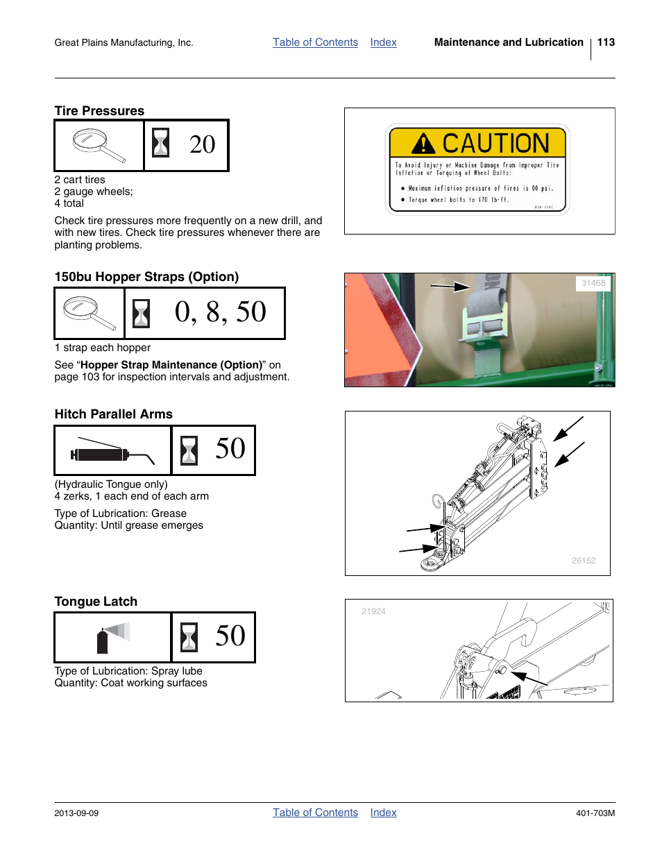 Tire pressures, 150bu hopper straps (option), Hitch parallel arms | Tongue latch | Great Plains YP3025 Operator Manual User Manual | Page 117 / 192