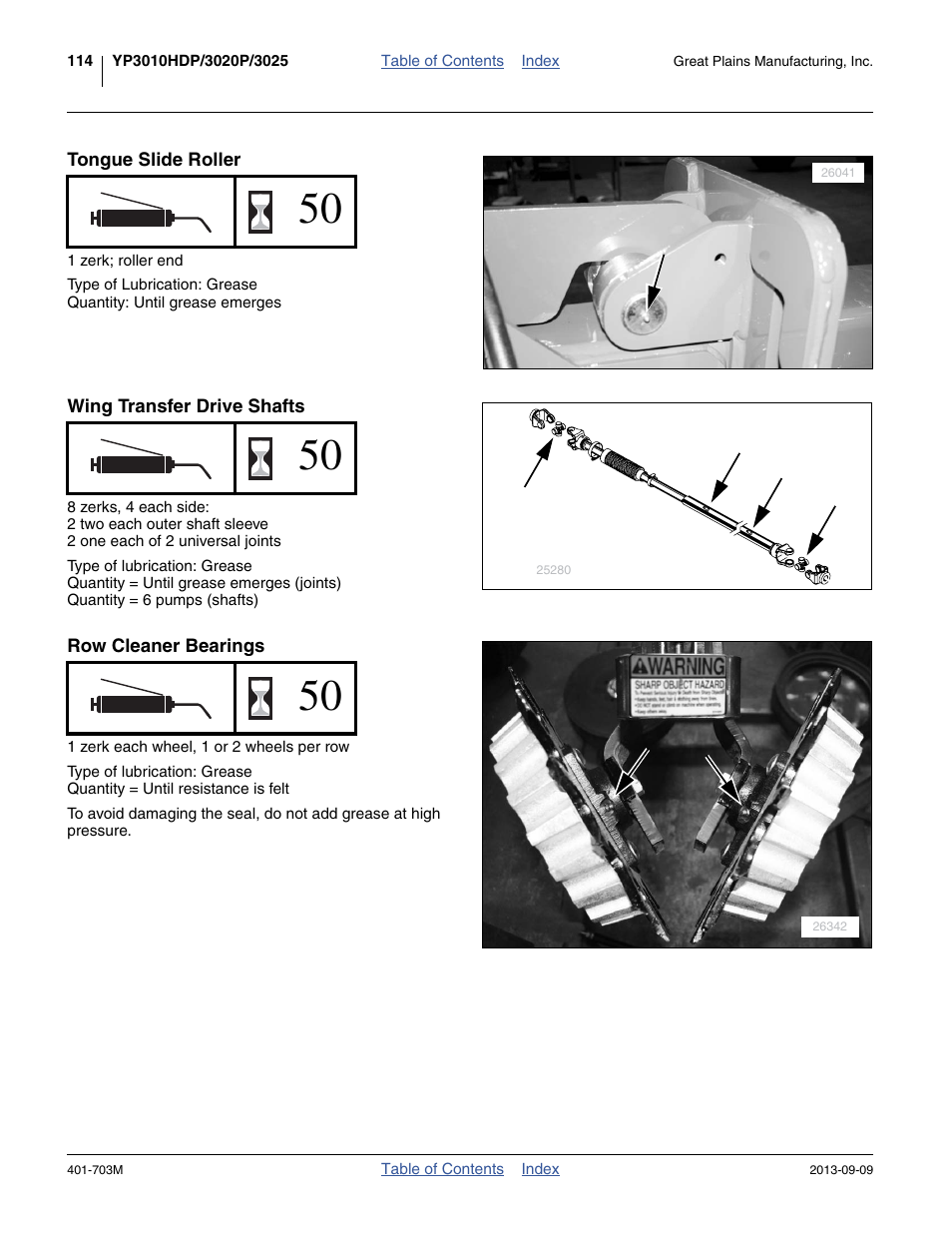 Tongue slide roller, Wing transfer drive shafts, Row cleaner bearings | Great Plains YP3025 Operator Manual User Manual | Page 118 / 192