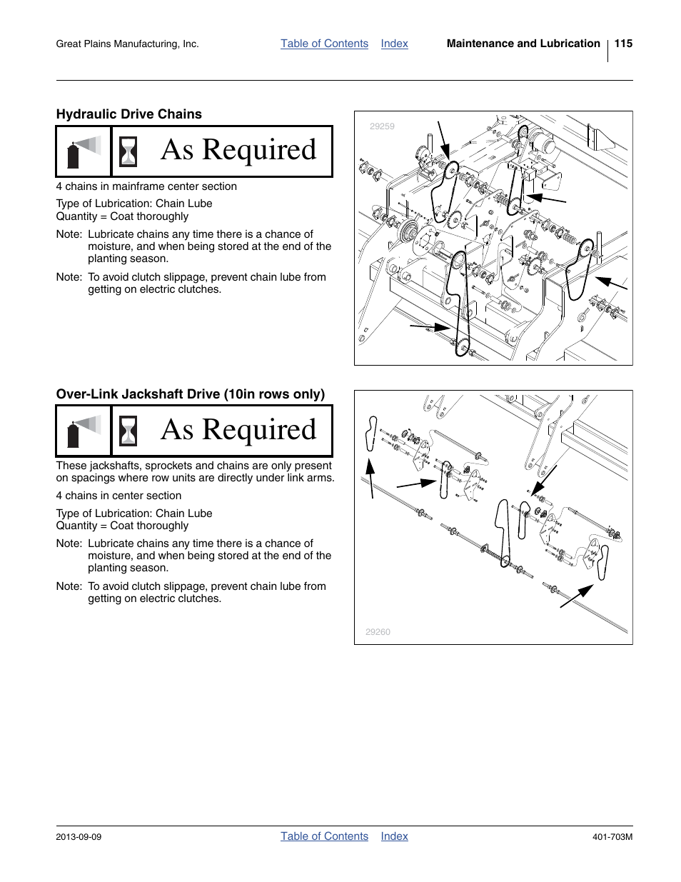 Hydraulic drive chains, Over-link jackshaft drive (10in rows only), As required | Great Plains YP3025 Operator Manual User Manual | Page 119 / 192