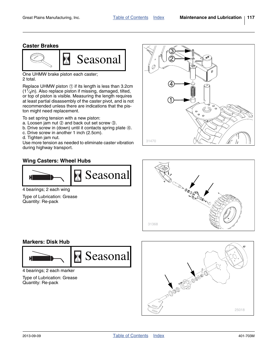 Caster brakes, Wing casters: wheel hubs, Markers: disk hub | Seasonal | Great Plains YP3025 Operator Manual User Manual | Page 121 / 192