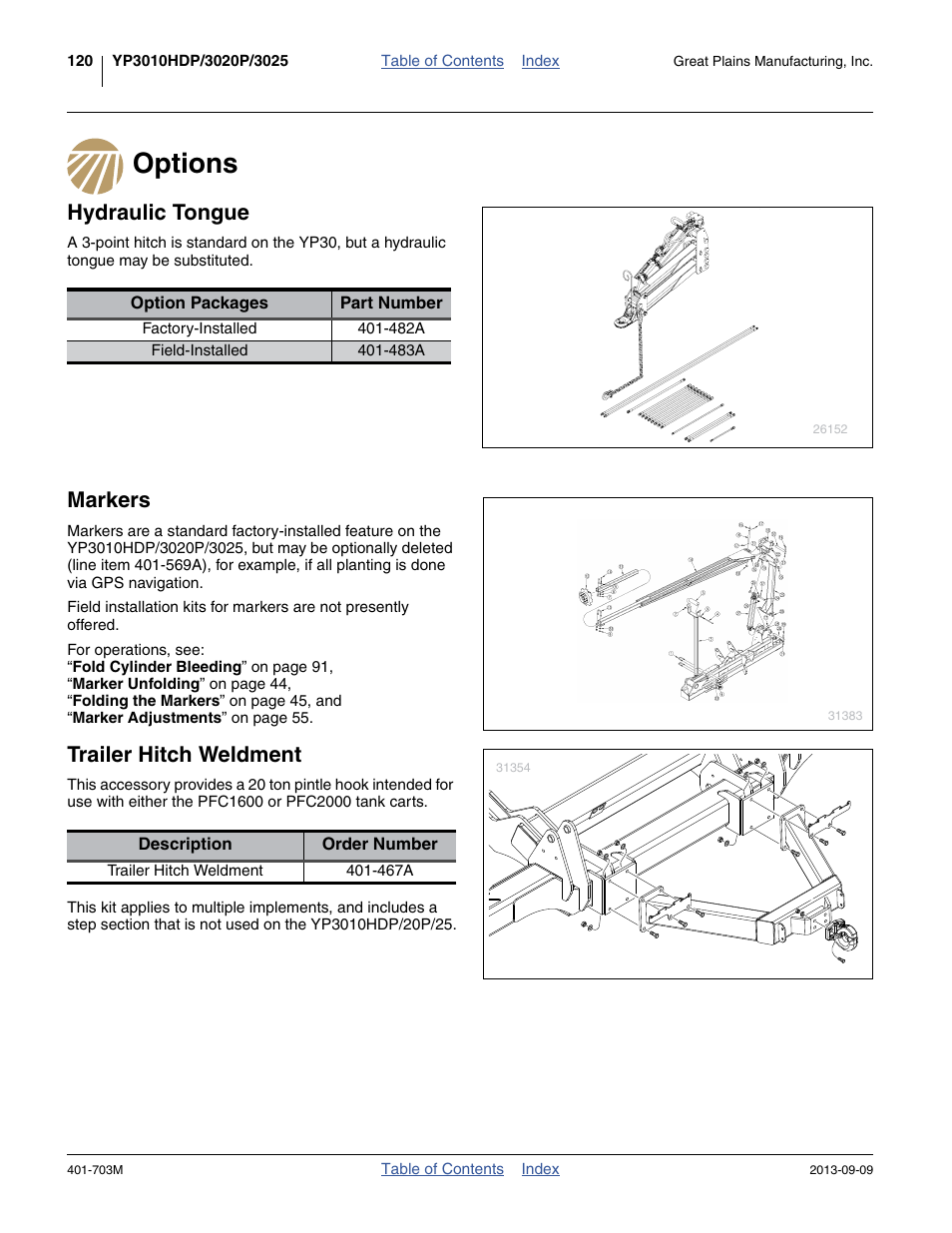 Options, Hydraulic tongue, Markers | Trailer hitch weldment | Great Plains YP3025 Operator Manual User Manual | Page 124 / 192