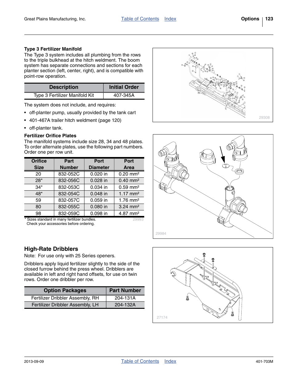 Type 3 fertilizer manifold, Fertilizer orifice plates, High-rate dribblers | Great Plains YP3025 Operator Manual User Manual | Page 127 / 192